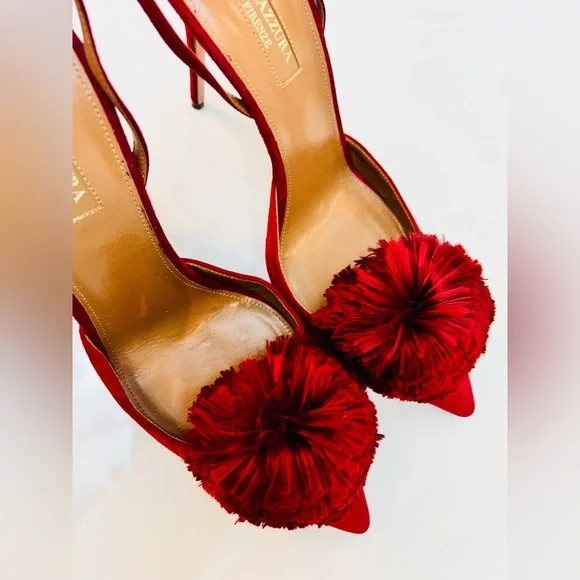 Aquazzura Red Pom Pom Heels - Picture 9 of 14